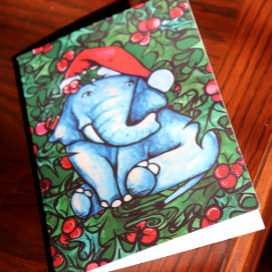 Christmas Elephant Holly Yule Holiday Card