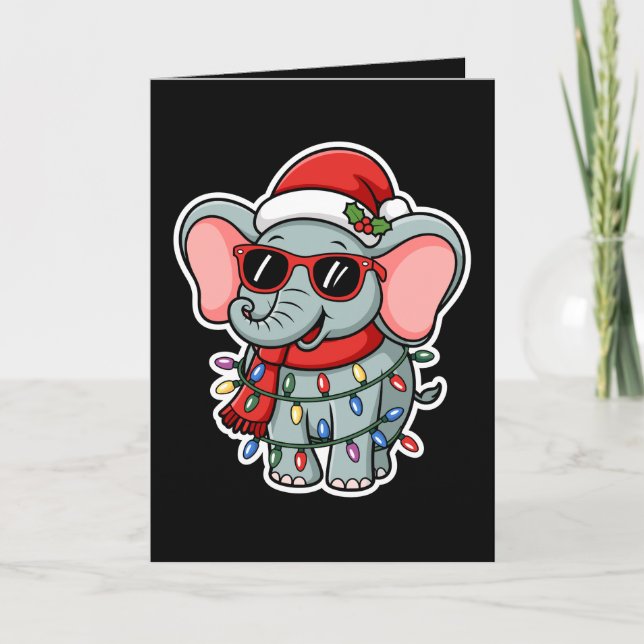 Christmas Elephant Santa Hat Sunglasses Lights Card (Front)