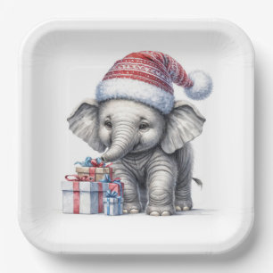 Christmas Elephant With Holiday Gifts Paper Plate