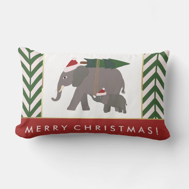 Christmas Elephants with Hats, Tree, and Chevron Lumbar Cushion (Front)