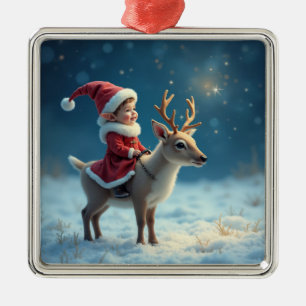 Christmas Elf and baby Reindeer Metal Tree Decoration
