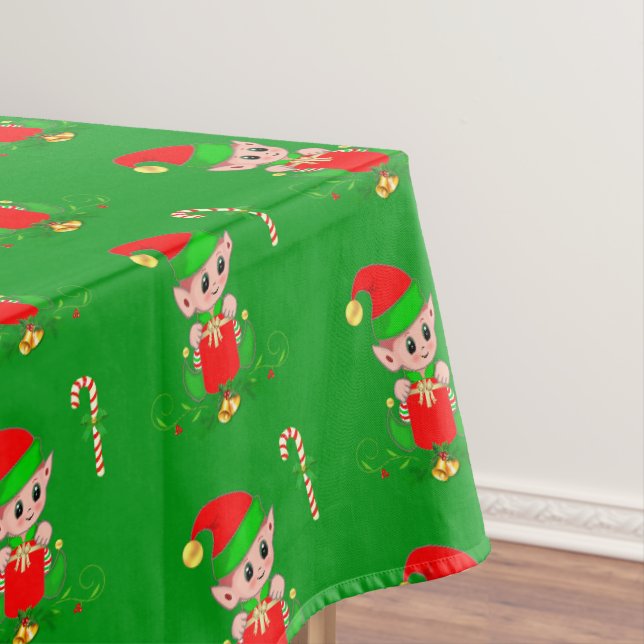 Christmas Elf and Candy Cane on Green Tablecloth (In Situ)