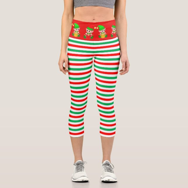 Christmas elf and green, red, white striped capri (Front)