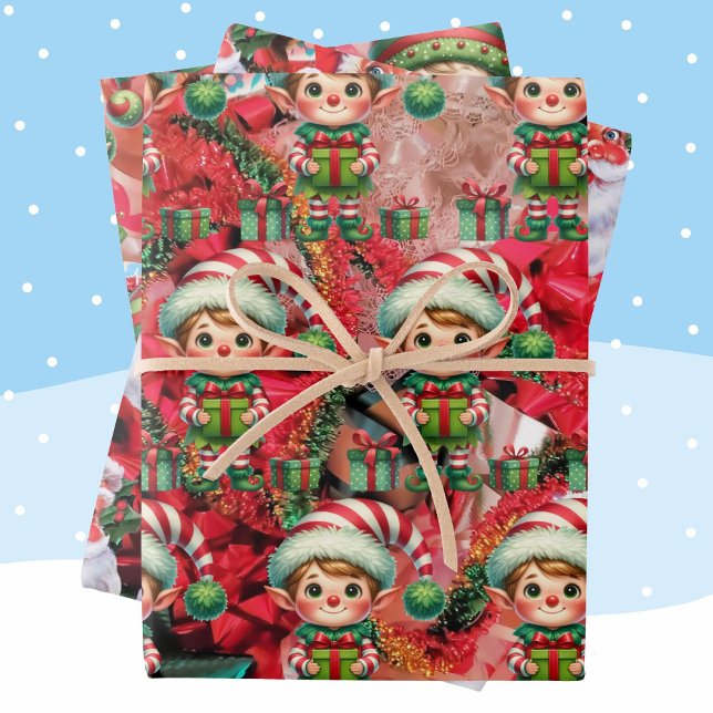 Christmas Elf & Bows & Santa Fun Holiday  Wrapping Paper Sheet (Creator Uploaded)