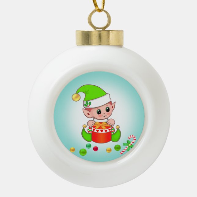 Christmas Elf, Candy Cane & Confetti on Teal Blue Ceramic Ball Christmas Ornament (Front)