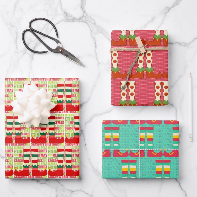 Christmas Elf Colourful Cute Fun Graphic 3-piece Wrapping Paper Sheet (Front)
