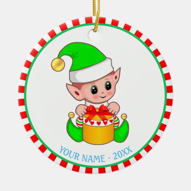 Christmas Elf & Custom Name Ceramic Tree Decoration (Front)