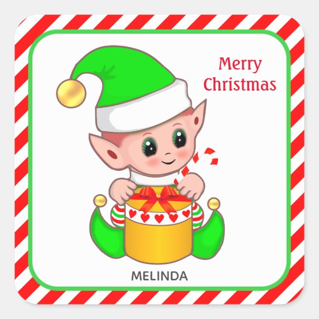 Christmas elf, custom text on red & white square sticker (Front)