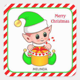 Christmas elf, custom text on red & white square sticker