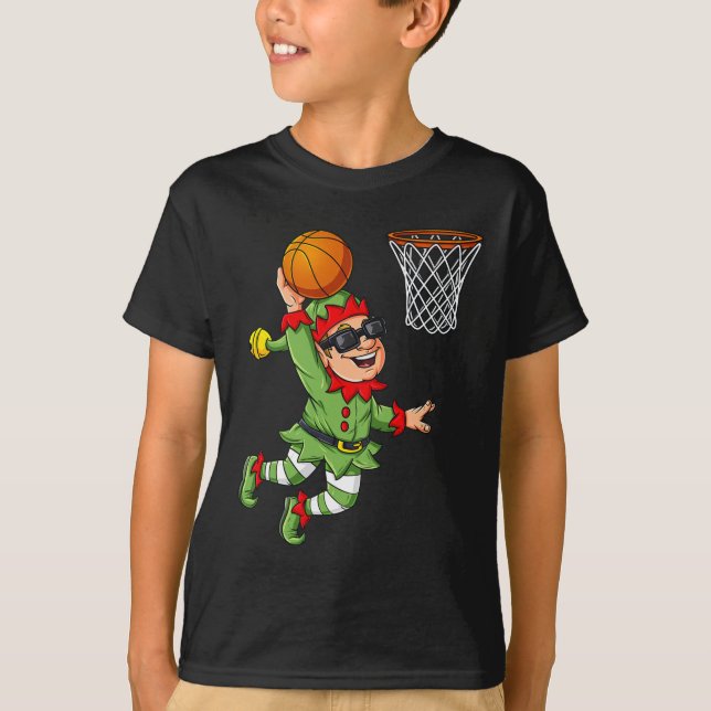 Christmas Elf Dunking A Basketball Fun Boys Kids X T-Shirt (Front)