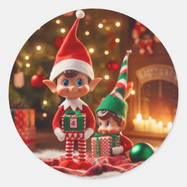 Christmas Elf Elves with Gifts AI Image Classic Round Sticker (Front)