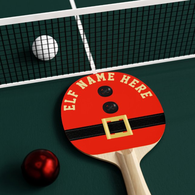 Christmas Elf Festive Red Holiday Custom Ping Pong Paddle (Add your elf name to this festive red ping pong paddle)