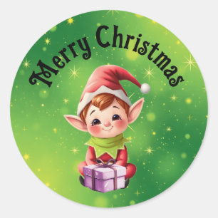 Christmas Elf Green Background Round Stickers 