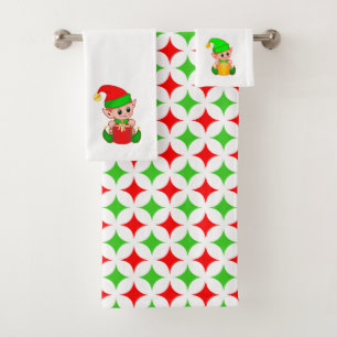 Christmas Elf & Green Red Diamond Star Pattern Bath Towel Set