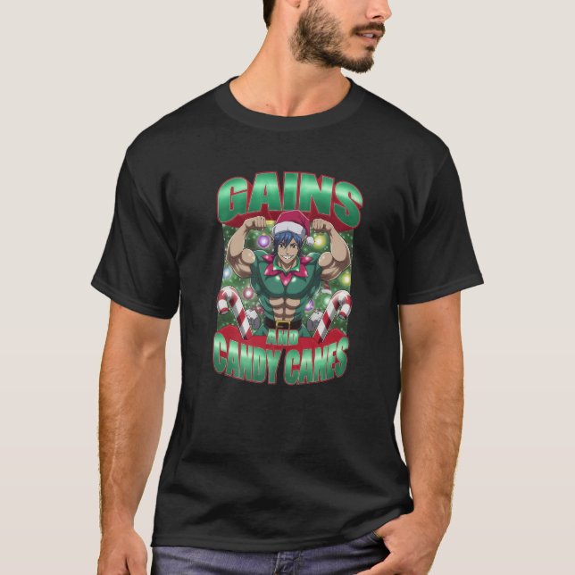Christmas Elf Gym Workout Gains and Candy Canes Pr T-Shirt (Front)