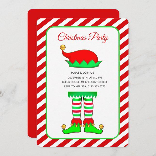 Christmas Elf Hat on Red and White Christmas Invitation (Front/Back)