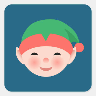 Christmas Elf in Green Hat on Blue Square Sticker