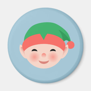 Christmas Elf in Green Hat on Light Blue Magnet