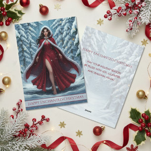 Christmas Elf in Red in Snowy Winter Forest Holiday Card