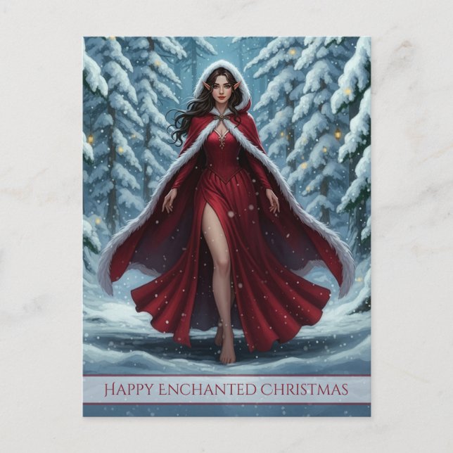 Christmas Elf in Red in Snowy Winter Forest Holiday Postcard (Front)