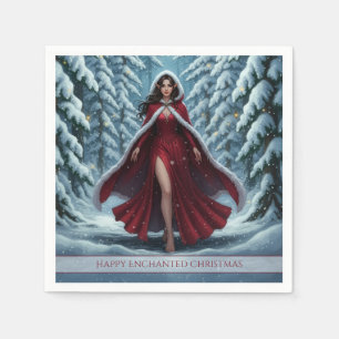 Christmas Elf in Red in Snowy Winter Forest Napkin