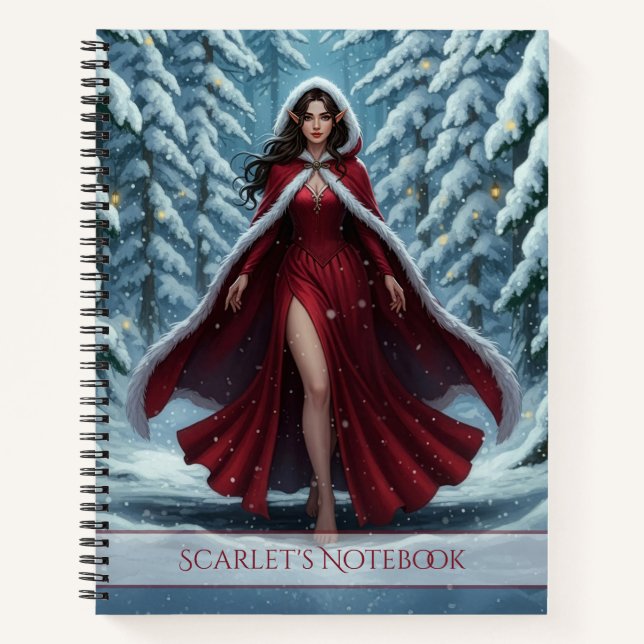 Christmas Elf in Red in Snowy Winter Forest Notebook (Front)