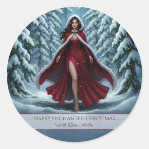 Christmas Elf in Red in Winter Forest Magnet Card Classic Round Sticker