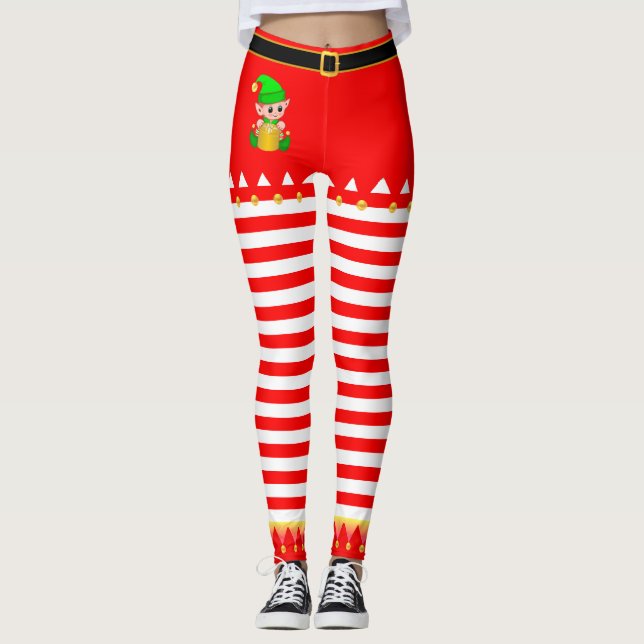 Christmas Elf & Jingle Bells on Red White Striped Leggings (Front)