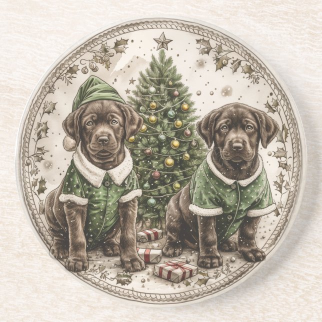 Christmas Elf Labrador Retriever Puppy Coaster (Front)