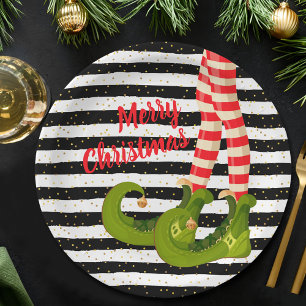 Christmas Elf Legs Black and White Stripes Paper Plate