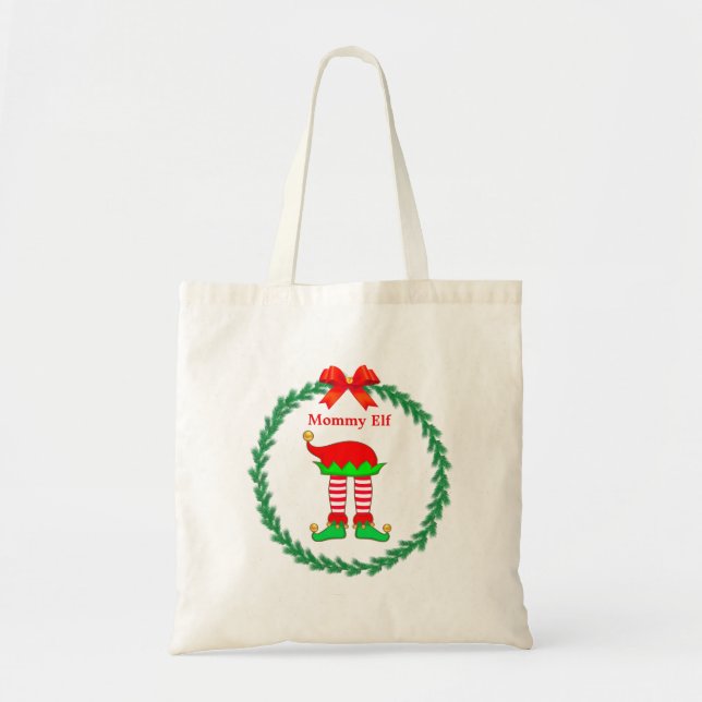 Christmas elf legs in red white striped & wreath tote bag (Front)