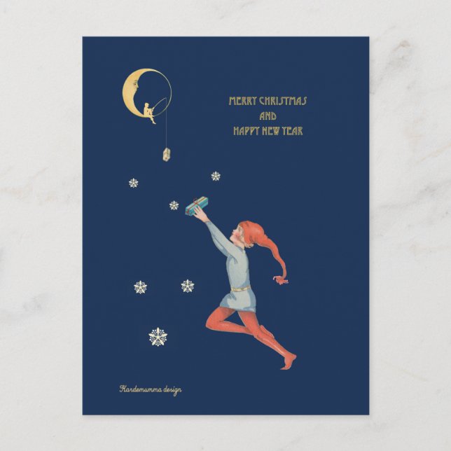 Christmas elf, moon and gift - dark blue night holiday postcard (Front)