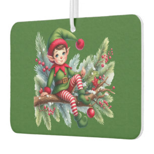 Christmas Elf On  A Pine Branch  Car Air Freshener