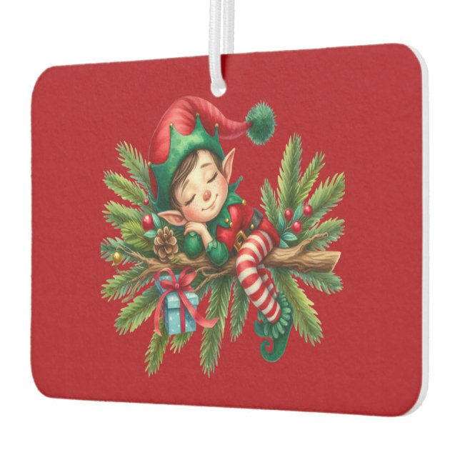 Christmas Elf On  A Pine Branch  Car Air Freshener (Left)