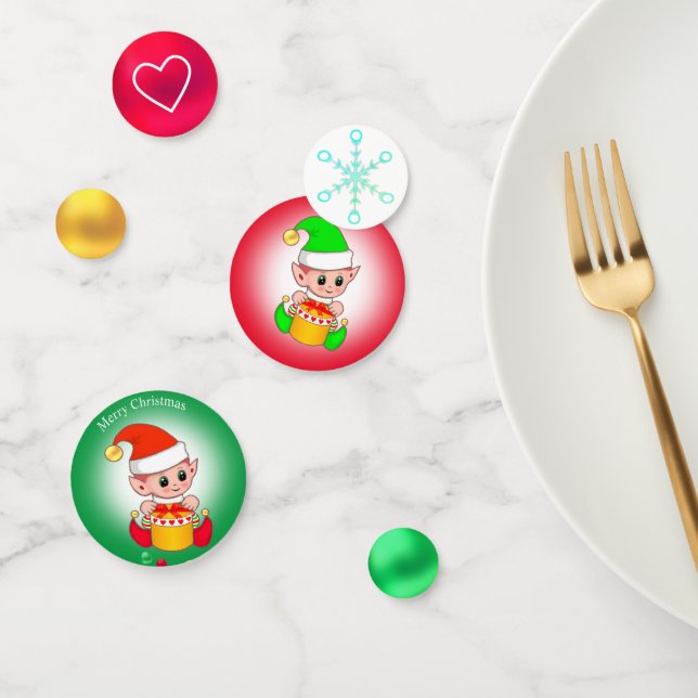Christmas Elf on Green & Red, Heart & Snowflake Confetti (Group)