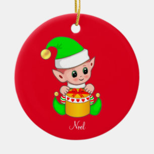 Christmas Elf on Red Ceramic Tree Decoration