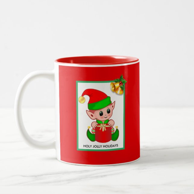 Christmas Elf on Red  Two-Tone Coffee Mug (Left)