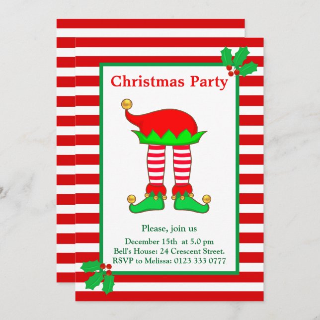 Christmas Elf on Red White Party Invitation (Front/Back)