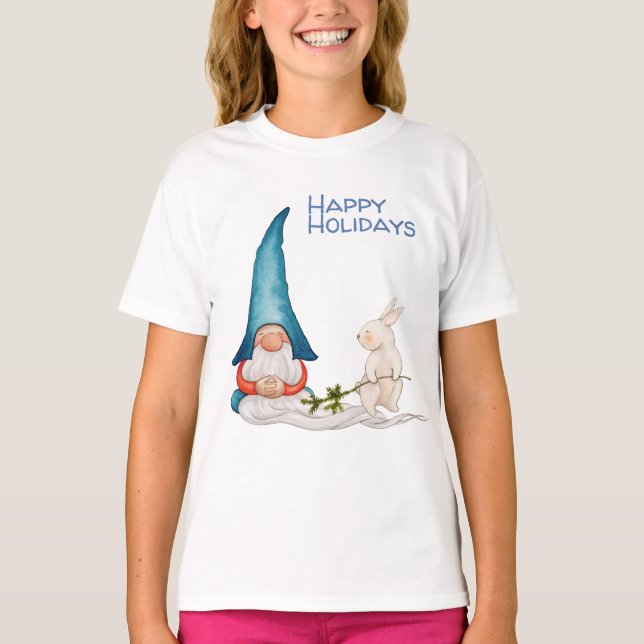 Christmas Elf or Gnome with Rabbit T-Shirt (Front)