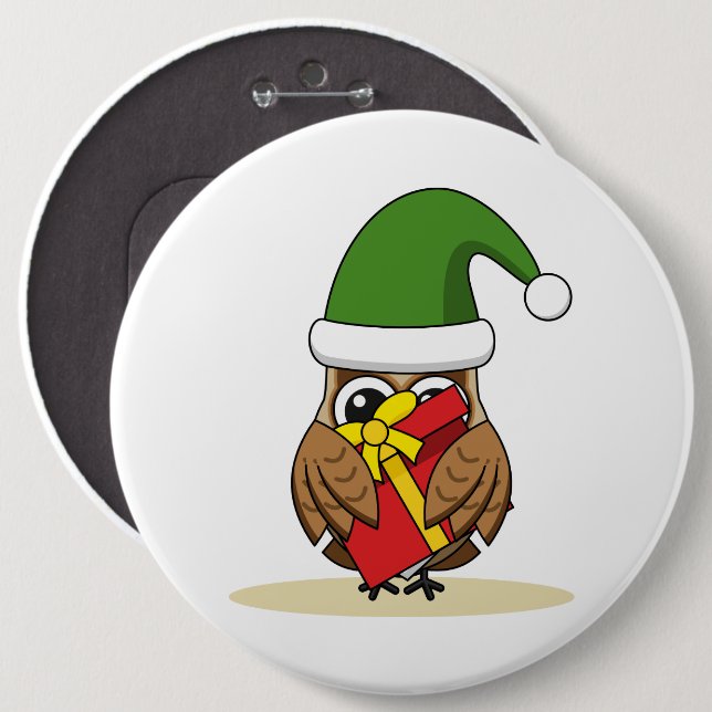 Christmas Elf Owl with Present 6 Cm Round Badge (Front & Back)