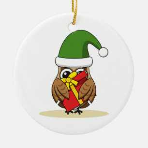Christmas Elf Owl with Present Ceramic Tree Decoration