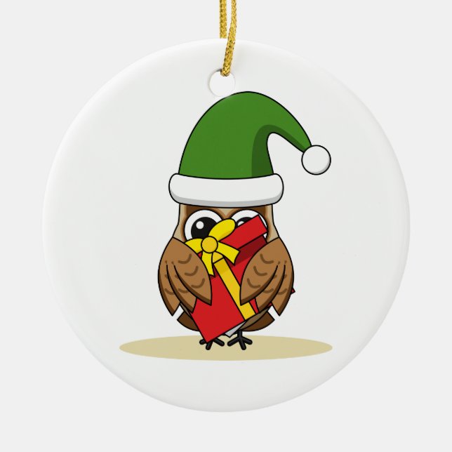 Christmas Elf Owl with Present Ceramic Tree Decoration (Front)