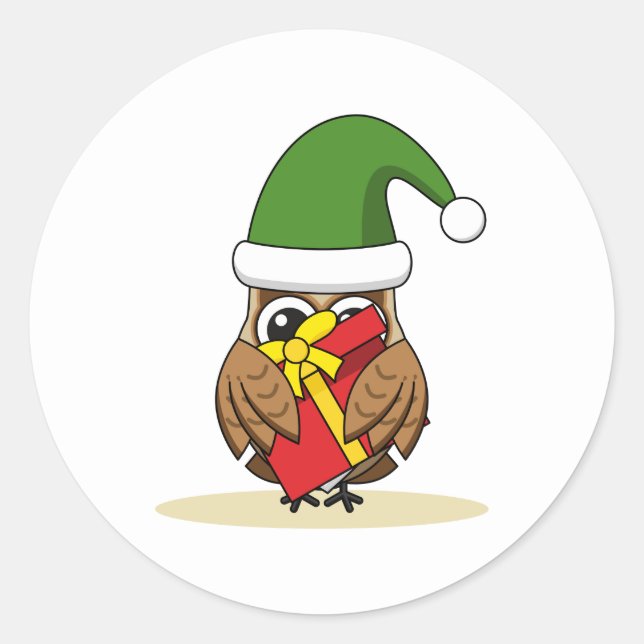Christmas Elf Owl with Present Classic Round Sticker (Front)