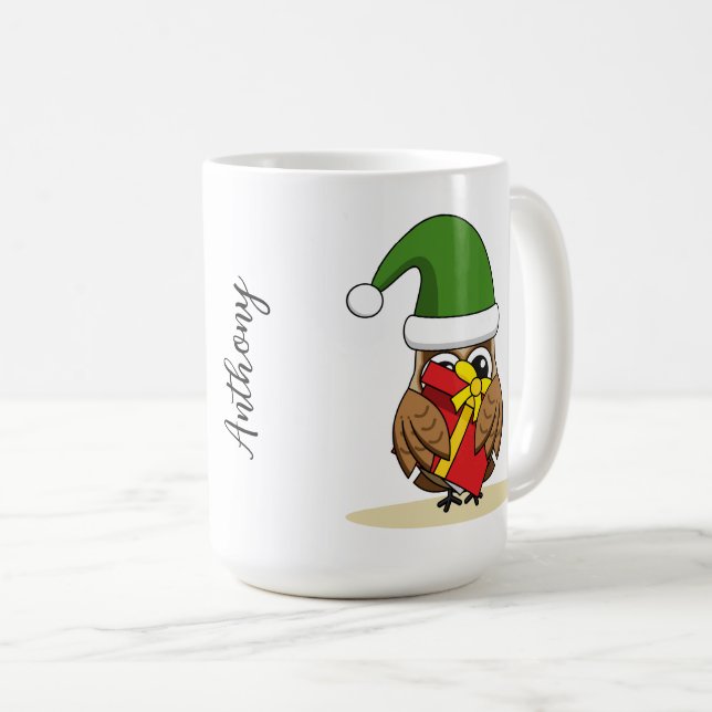 Christmas Elf Owl with Present Coffee Mug (Front Right)