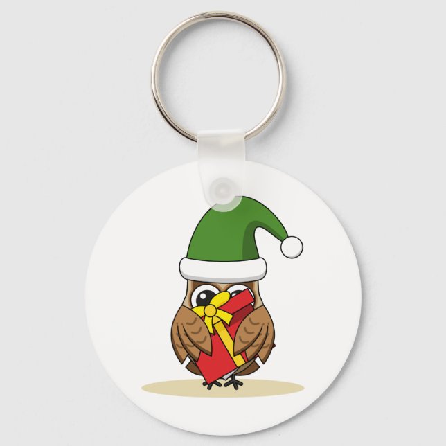 Christmas Elf Owl with Present Key Ring (Front)