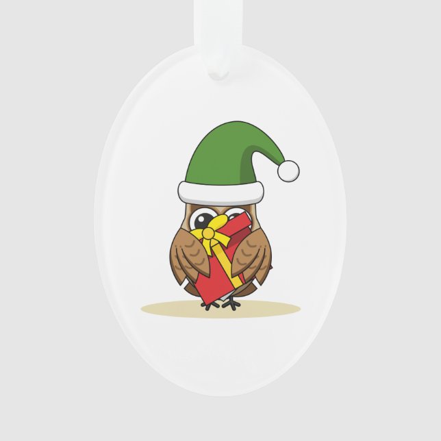 Christmas Elf Owl with Present Ornament (Front)
