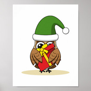 Christmas Elf Owl with Present Poster