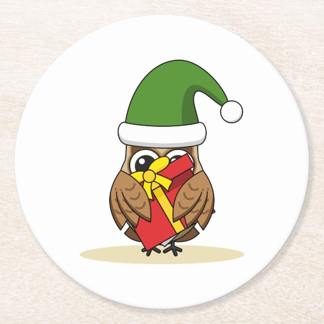 Christmas Elf Owl with Present Round Paper Coaster (Front)