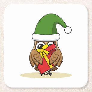 Christmas Elf Owl with Present Square Paper Coaster