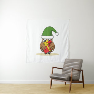 Christmas Elf Owl with Present Tapestry